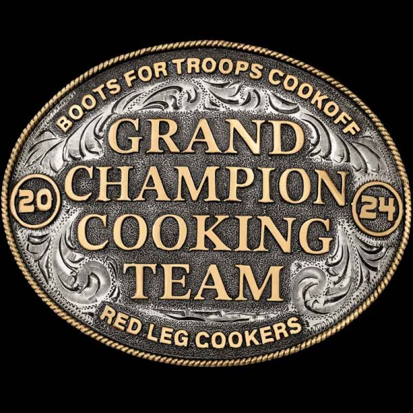 "Our Crawford belt buckle is hand-engraved on a German Silver base, feautring a traditional rope edge and lettering in Jeweler's Bronze. To tie all the elements of this buckle together, we added a stippled background and our signiture antque finish. 